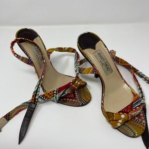 Vintage Jimmy Choo Multi Colored Wooden Heels With Wrap Straps - Size 38.5